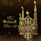 English translate Eid Mubarak. Beautiful Mosque on sparkling lights and stars background. Islamic celebration greeting card