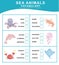 English vocabulary about sea animals worksheet for kids