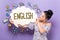 English with woman holding a speech bubble