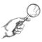 Engraved hand holding magnifying glass. Retro hand drawn detective magnifier, search sketch and antique loupe vector
