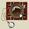 Engraved vintage color drawing of a cup of coffee on a saucer small spoon