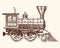 Engraved vintage, hand drawn, old locomotive or train with steam on american railway. retro transport.