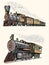 Engraved vintage, hand drawn, old locomotive or train with steam on american railway. retro transport.