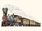 Engraved vintage, hand drawn, old locomotive or train with steam on american railway. retro transport.