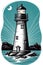 engraving logo of lighthouse on shore of ocean at night with moon and light. sea navigation