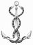 Engraving of two snakes entwined around an anchor