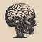 Engraving vintage retro illustration of future education system ai artificial intelligence brain mind human head cyborg. Gravure