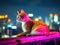 Enhanced cat on neon rooftop futuristic city