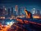 Enhanced cat on neon rooftop futuristic city