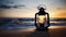 The Enigmatic Dance of Lit Lanterns on the Beach in Sunset and Storm, Generative AI