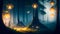 Enigmatic Druid Forest: A Mystical Journey Illuminated by Fireflies and Lanterns