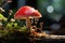 Enigmatic forest scene. stunning red fly agaric mushroom blooming under bright sunlight