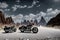 The Enigmatic Landscape: Two Modern Motorcycles Parked by the Roadside in Cloudy and Barren Terrain. AI generated