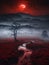 An enigmatic landscape veiled in mist, bathed in the eerie glow of a deep red blood moon.