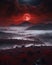 An enigmatic landscape veiled in mist, bathed in the eerie glow of a deep red blood moon.