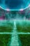 Enigmatic neon mist shrouds midfield in an atmospheric evening soccer match. Generative AI