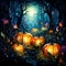 Enigmatic pumpkins under a moonlit spell in a mystical forest. AI generation