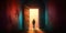 Enigmatic scene of a person walking through a door into a vibrant, otherworldly realm, symbolizing the power of