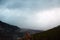 Enigmatic Twilight: Mist-Enshrouded Pines on Mountain Slopes Under a Moody Sky