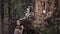 Enigmatic woman wearing fur top standing in the forest with her devoted dog