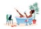 Enjoy bath time flat vector illustration, cartoon african woman character enjoying bubble foam bath, drinking cocktail