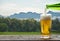 Enjoy beer with mountain landscape.