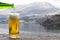 Enjoy beer with mountain landscape beside Lake Ashi Hakone, Japan.