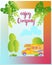 Enjoy camping postcard, banner, social media poster with a campervan, leaves, trees.