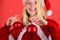 Enjoy celebration with costume and decor. Girl happy wear santa costume celebrate christmas hold ball decor. Christmas