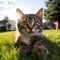 Enjoy the picturesque view of playful cats staring curiously on the lush lawn.AI Generated