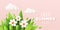 Enjoy Summer 3d realistic background with clouds, daisies, grass and leaves on a pink background. Vector illustration