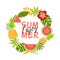 Enjoy summer Cute summer banner with tropical fruits flowers palm leaves. Decorative fruit wreath Cute element