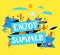 Enjoy summer lettering. Summer beach banner with crowd of peopl