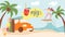 Enjoy summer vacation on sea beach, holiday and travel banner vector illustration. Beach with palms and girls surfing in