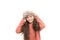 Enjoy the weather. cheerful little kid isolated on white. ready for winter cold. small girl earflap hat. her favorite