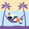 Enjoy work from home and outdoor, dream work, tropical vacation with a laptop. Always in touch. Man in a hammock on the
