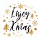 Enjoy Xmas. Cute Christmas sign with golden tree, snow on white