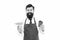 Enjoy your meal. Delicious croissant. Man bearded waiter wear apron carry plate with food and coffee cup. Cafe food