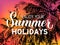 Enjoy your summer holidays calligraphy lettering on bright background with sunset colors and silhouettes of palm trees. Travel