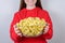 Enjoy yourself! Cropped closeup view photo of funky cute pretty with toothy smiling people person taking large big glass bowl with