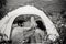 Enjoying camping couple lover sitting in tent feeling happy and smiling,Black and white toned