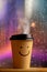Enjoying the Harmony Life, Optimistic Mind Concept. Smiling Face on Coffee Cup. Happy Mood even if Bad Rainy Day. Serene,