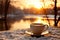 Enjoying a hot cup of coffee on a frosty, sunny day with a beautiful pond in the background