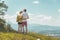 Enjoying the idyllic mountain landscape: Couple is standing on idyllic meadow and enjoying the view over the far away city of