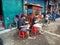 Enjoying rice cake curry around the selling cart , to start Sunday morning in Bandung, West Java Indonesia 20 February 2020