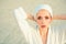 Enjoying daily routine. Beauty routine and hygiene. Young woman in bathing gown. Pretty woman wear bath towel on head