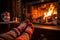 enjoying with socked feet legs resting near fireplace with a coffee cup in home