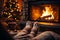 enjoying with socked feet legs resting near fireplace with a coffee cup in home