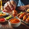 Enjoying Spicy Chicken Wings With Dipping Sauce at a Casual Evening Gathering