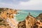 Enjoying in wonderful close up view on seascape with stunning huge rocks cliffs with seas caves